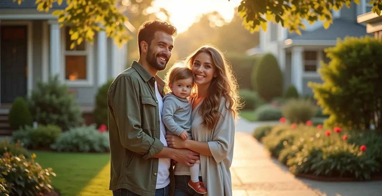 Famille profitant d'un quartier herblinois avec maison pavillonnaire, jardin verdoyant et environnement calme