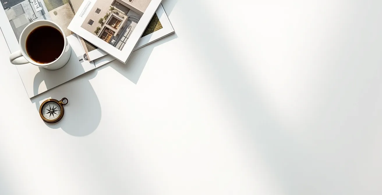 Vue minimaliste d'une table avec cartes et documents d'investissement étalés pour différentes destinations méditerranéennes