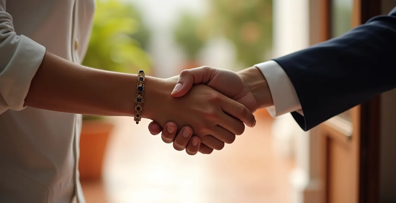 Poignée de main entre professionnels devant une villa méditerranéenne