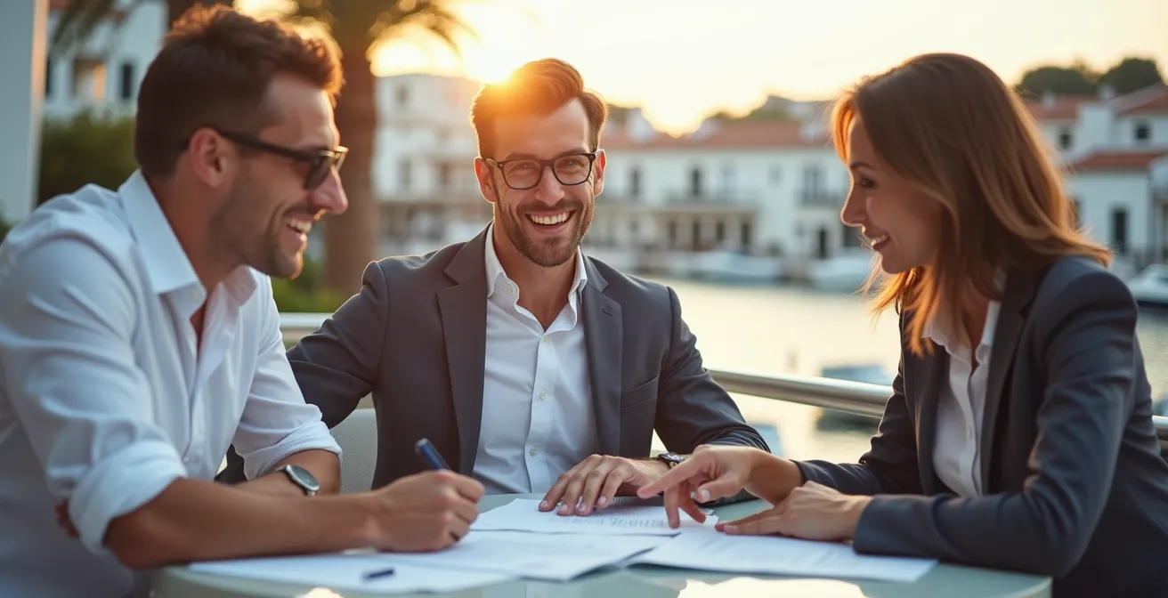Trois investisseurs français en discussion sur une terrasse avec vue canal à Empuriabrava