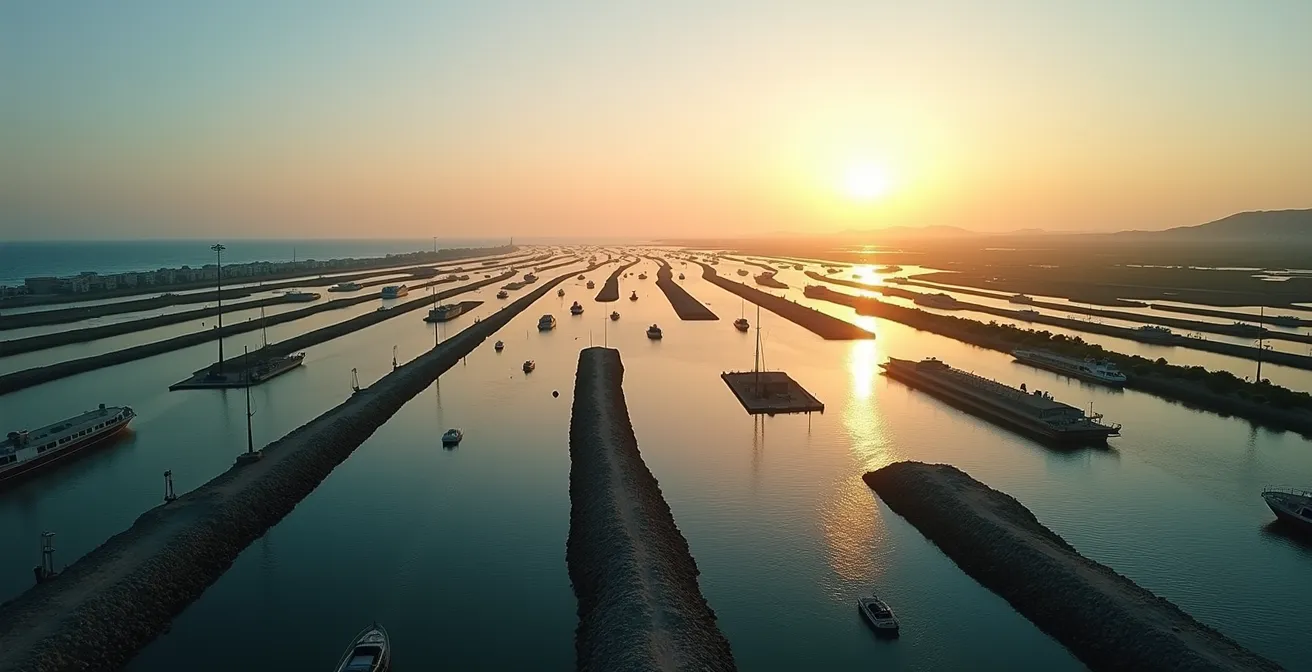 Vue aérienne des canaux d'Empuriabrava montrant l'interconnexion du réseau urbain