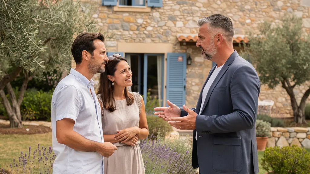 Conseiller immobilier en discussion avec un couple devant une maison typique corse à Saint-Florent