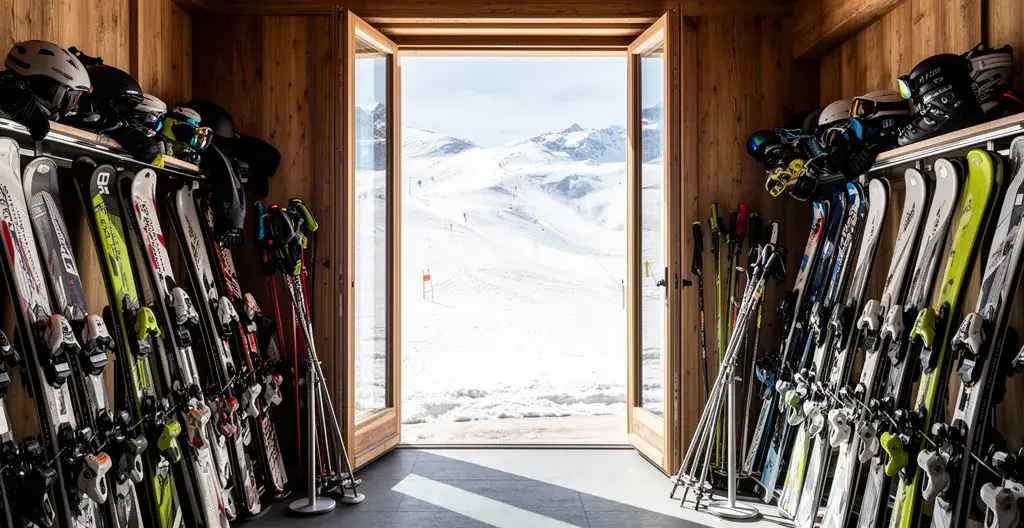 Équipement de ski rangé dans l'entrée d'un chalet avec accès direct aux pistes de Courchevel