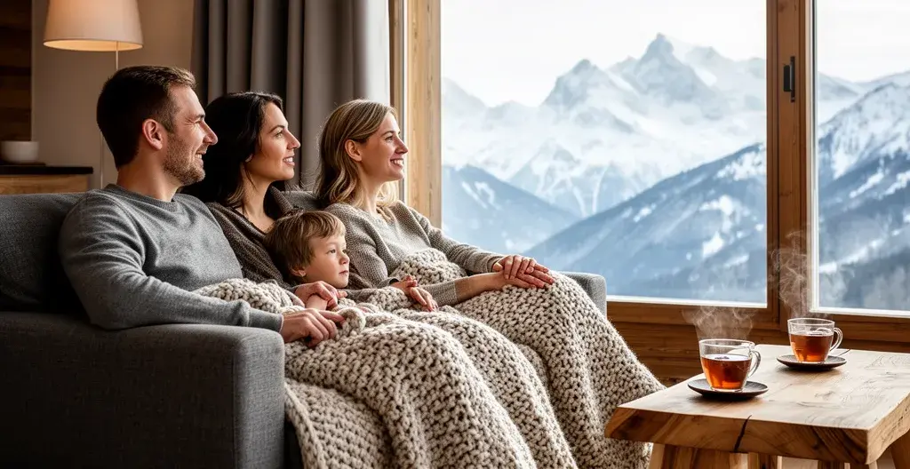 Famille profitant du salon spacieux d'un chalet de vacances à Courchevel