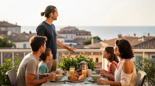 Famille profitant du petit-déjeuner sur terrasse avec vue Méditerranée au Cap d'Agde