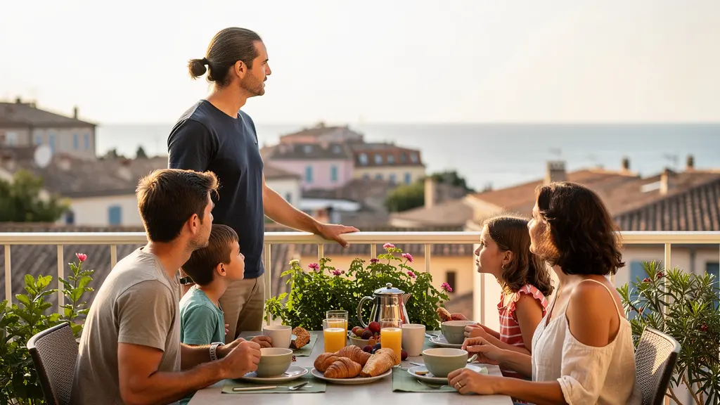Famille profitant du petit-déjeuner sur terrasse avec vue Méditerranée au Cap d'Agde