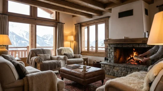 Salon chaleureux d'un chalet à Courchevel avec cheminée et vue sur les sommets enneigés