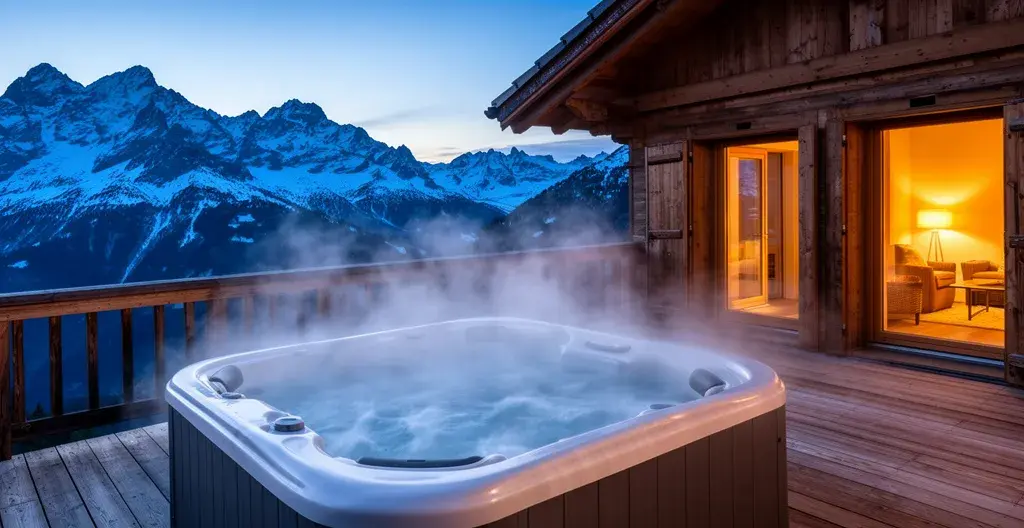 Jacuzzi extérieur sur terrasse de chalet avec panorama sur les Alpes enneigées