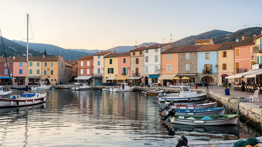 Port de plaisance de Saint-Florent en Corse avec façades colorées et bateaux amarrés