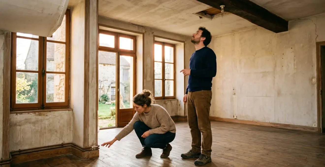 Un couple inspecte attentivement les murs d'une maison lors d'une visite immobilière, stylo et bloc-notes absents, regard concentré sur les finitions