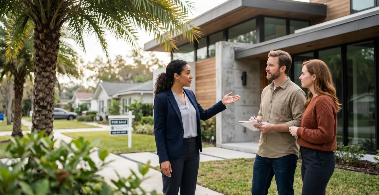 Agent immobilier discutant avec un couple d'investisseurs devant une villa moderne à Orlando lors d'une visite terrain accompagnée