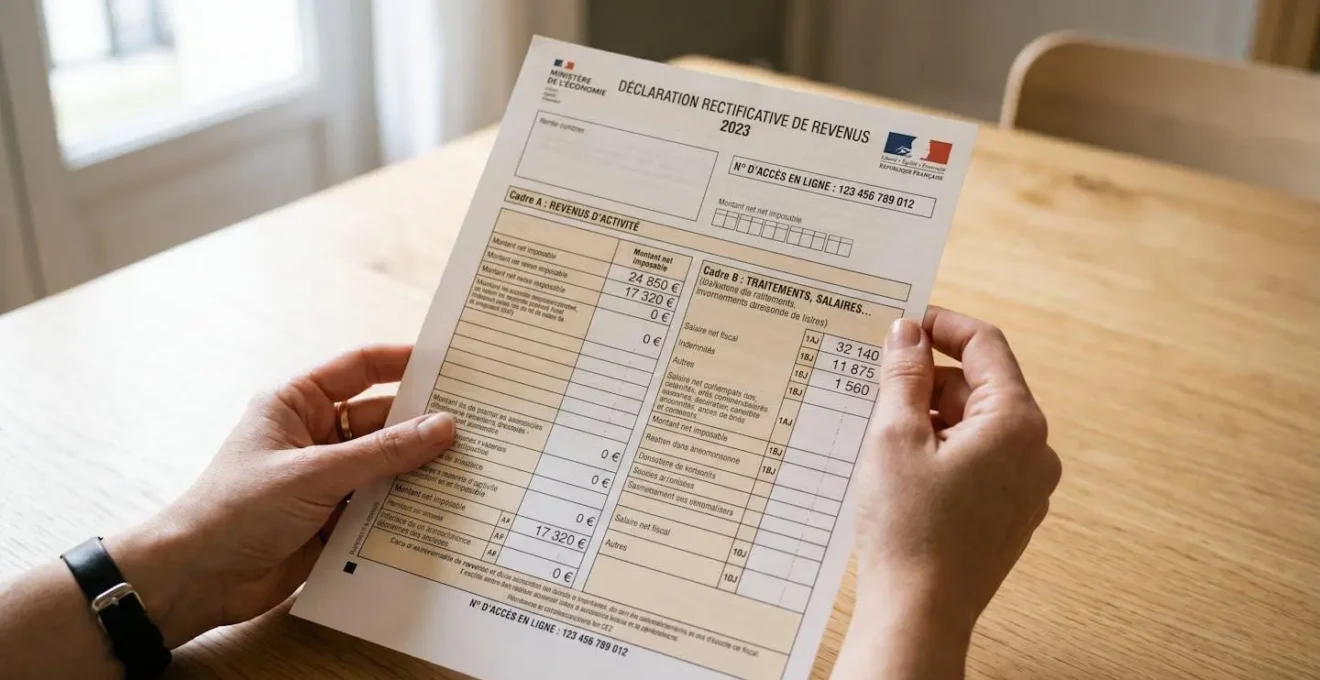Des mains tiennent un document de charges de copropriété sur une table, gros plan sur les lignes de chiffres, lumière naturelle de bureau