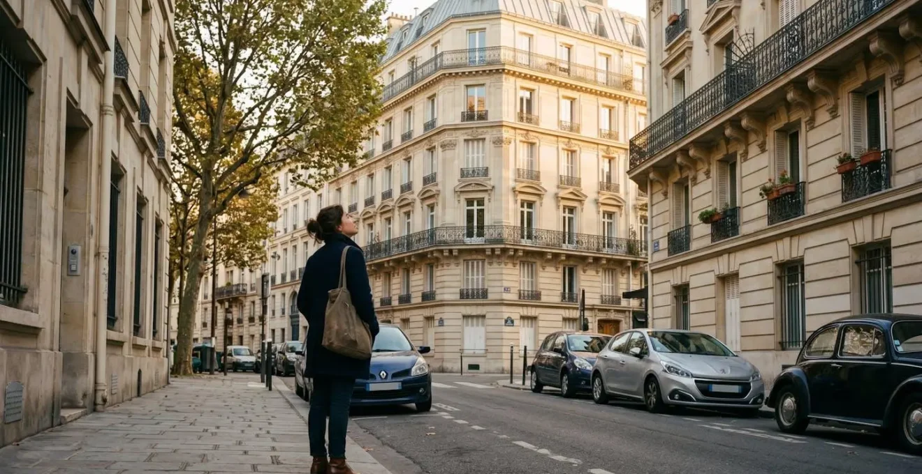 Une personne se tient sur le trottoir d'une rue résidentielle française et observe l'immeuble en face, ambiance calme de quartier, lumière de fin d'après-midi