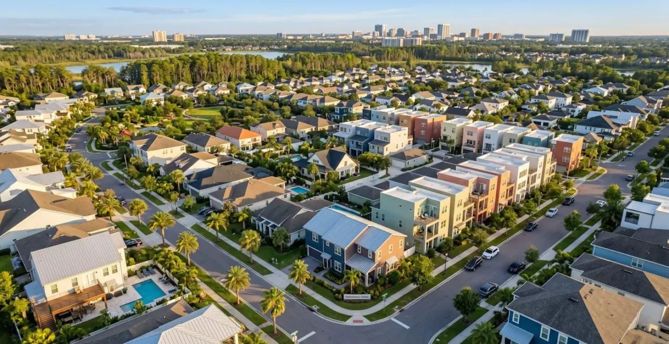 Vue aérienne d'un quartier résidentiel moderne d'Orlando montrant un mélange de maisons individuelles avec piscine et townhouses colorés alignés le long de rues bordées de palmiers sous le soleil de Floride