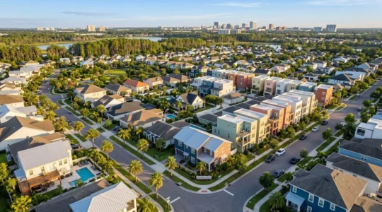Vue aérienne d'un quartier résidentiel moderne d'Orlando montrant un mélange de maisons individuelles avec piscine et townhouses colorés alignés le long de rues bordées de palmiers sous le soleil de Floride