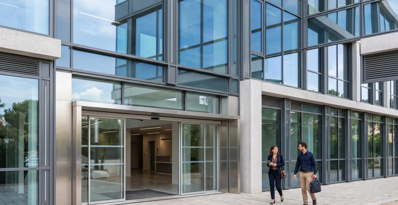 Façade d'immeuble de bureaux moderne en verre et métal dans un quartier d'affaires du Grand Nice