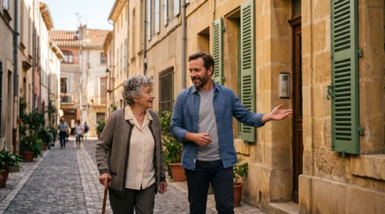 Un gestionnaire locatif accompagne une propriétaire devant un immeuble résidentiel dans une rue de Narbonne.