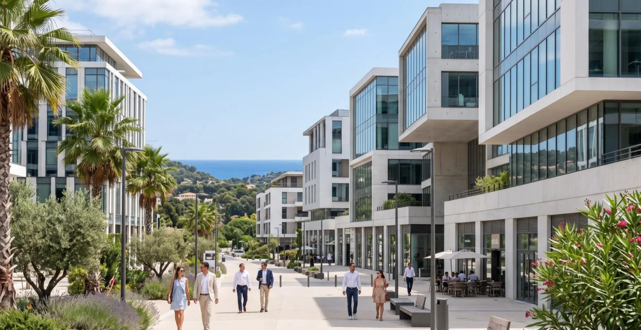 Vue d'un quartier d'affaires moderne dans le Grand Nice avec immeubles de bureaux contemporains et végétation méditerranéenne