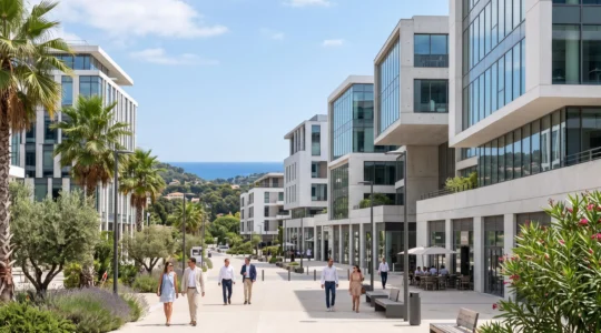 Vue d'un quartier d'affaires moderne dans le Grand Nice avec immeubles de bureaux contemporains et végétation méditerranéenne