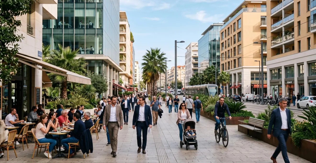 Rue animée dans un quartier d'affaires du Grand Nice avec immeubles de bureaux, commerces en rez-de-chaussée et espaces publics