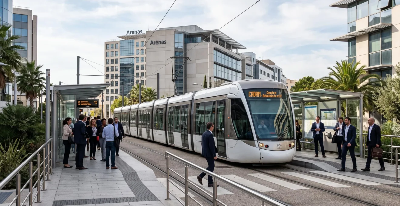 Tramway moderne circulant dans un quartier d'affaires du Grand Nice avec immeubles de bureaux en arrière-plan